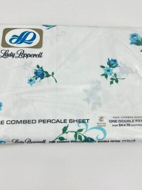 Vintage Lady Pepperell Blue Rose Double Fitted Sheet Percale 100% cotton